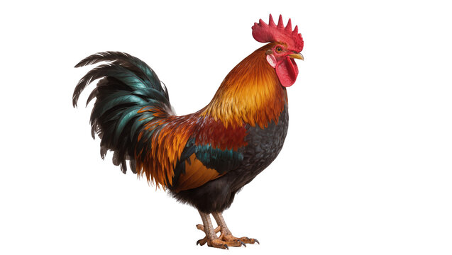 Rooster with vibrant plumage and red comb standing