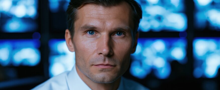 Security manager intently oversees CCTV screens immersed in a tense and focused atmosphere 