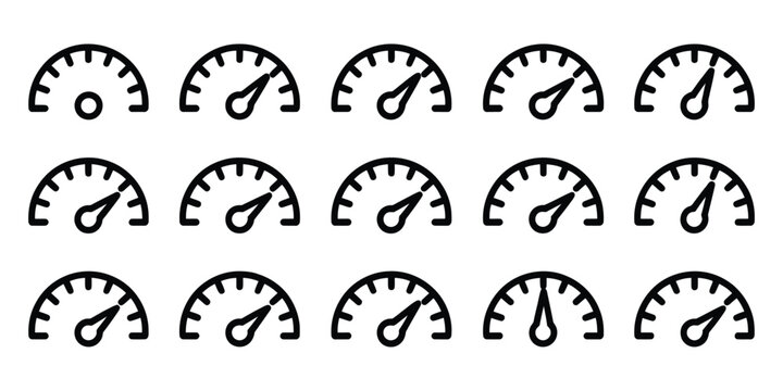 Speedometer icon set vector illustration, editable stroke gauge and tachometer symbols, speed measurement and performance monitoring for digital interface design.