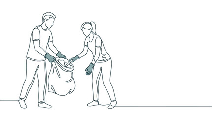 Obraz premium A continuous line drawing of a man and woman cleaning up trash together.