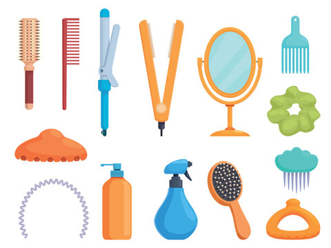 Cartoon hair styling tools. Girly beautiful hairstyle accessories, hair pins and equipment. Hair dryer, straightening iron, curling iron, spray and combs, sapid vector clipart