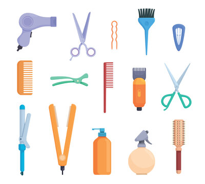 Cartoon hairdressing tools. Hair beauty salon equipment for hairstyle and cutting. Professional scissors, hair dry, curly iron, pins and hair clipper, sapid vector set