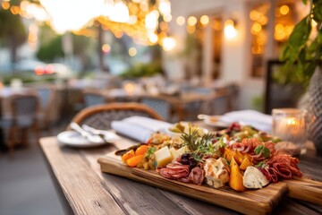 Fototapeta premium Charcuterie board on wooden table in outdoor restaurant at sunset. Assorted cheese, salami and appetizer for gourmet catering. Culinary experience with romantic dinner atmosphere.