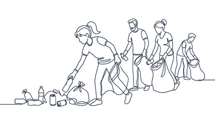 Obraz premium A group of volunteers cleaning up litter in a continuous line drawing style.