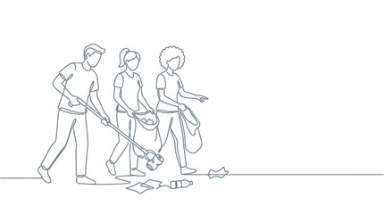 Obraz premium A continuous line drawing of three volunteers cleaning up litter together.
