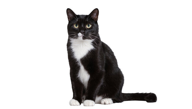 Black and white tuxedo cat sitting attentively