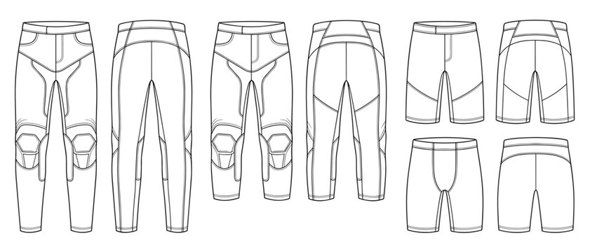 Set of different length compression tights on transparent background. Leggings, shorts, base layer