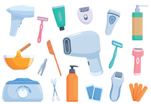 Cartoon hair removal tools. Depilation in beauty salon, different equipment for body clean. Razer, wax stripes, laser and photoepilator, sapid vector clipart