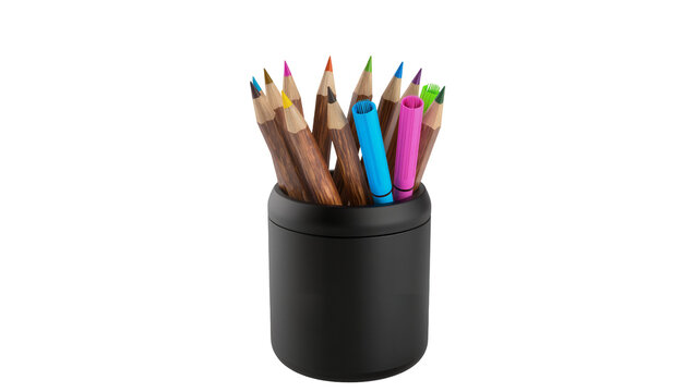 Collection of colored pencils and markers in a black holder