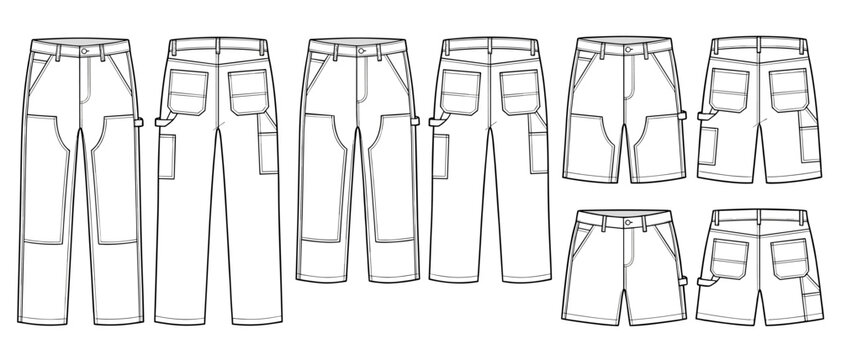 Set of different length utility carpenter pants on transparent background. Workwear, trousers, shorts