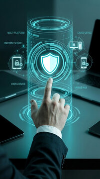 Digital security interface with a shield icon, showing cross-device and multi-platform protection, symbolizing digital safety and data security.