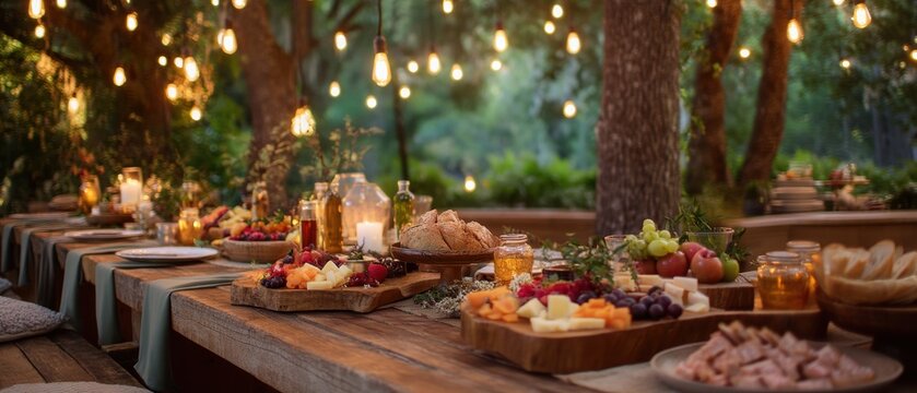Banquet table with food served in forest under string light. Outdoor dinner party setup with cheese platter, fruit and bread. Festive summer evening gathering for celebration event.