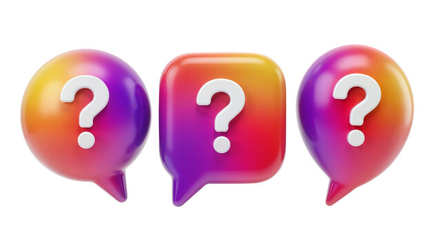 Three 3D speech bubbles with question marks, gradient colors