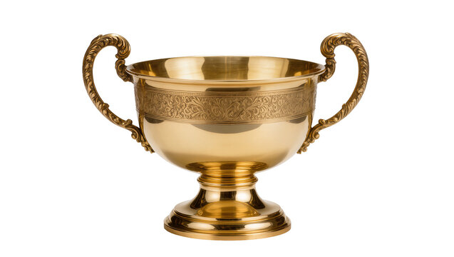 Ornate golden trophy cup with decorative handles and embossed band