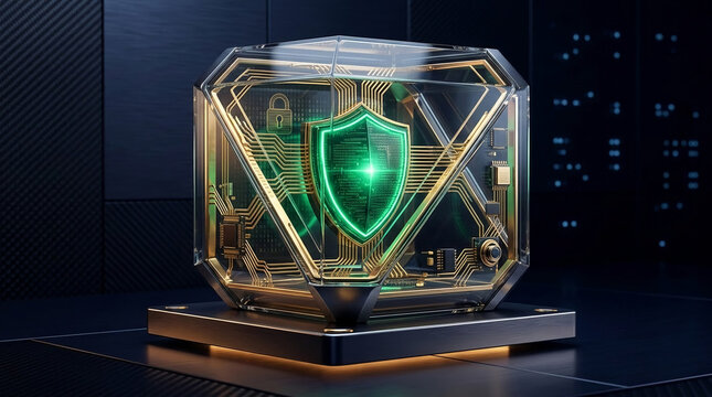 Glass cube showcasing digital security shield with circuit board pattern, symbolizing data protection and technological innovation, presented on a sleek podium.