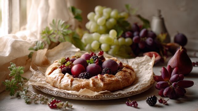 Galette with fresh plums and berries on rustic table with grape. Homemade fruit tart with pastry crust for dessert. Culinary composition in natural light, bakery and autumn harvest theme.
