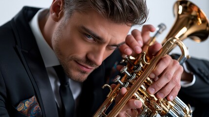 Fototapeta premium A focused musician in a formal suit plays a brass trumpet against a neutral background, highlighting artistic performance and musical passion.
