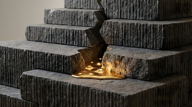 Molten gold flowing through a deep crack in stacked rough hewn dark stone blocks creating a striking contrast of textures