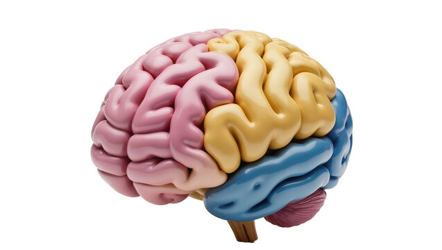 Human brain model with pink yellow, and blue lobes