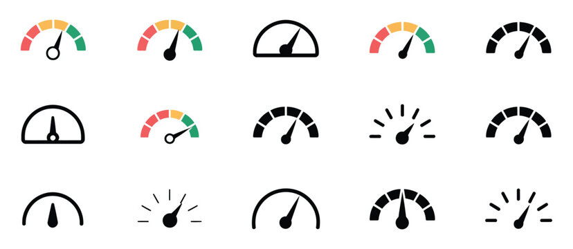 Speedometer icons set, gauge and tachometer dashboard symbols, speed indicator meter with arrow pointer, performance monitoring and control panel vector illustration.
