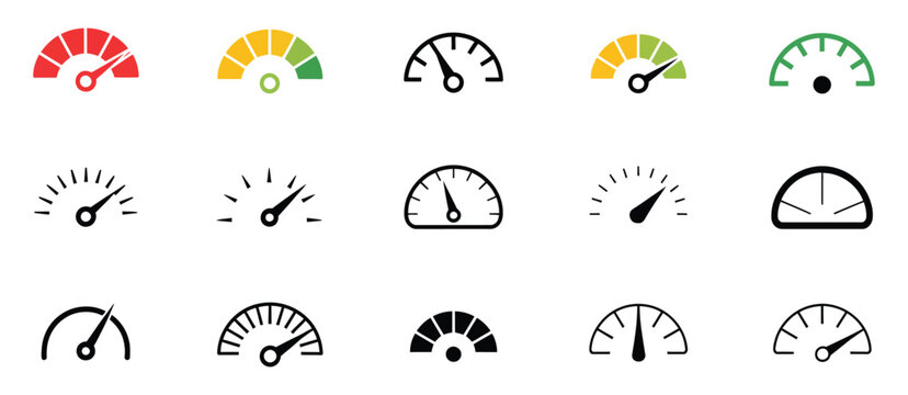Speedometer icons set, gauge and tachometer dashboard symbols, speed indicator meter with arrow pointer, performance monitoring and control panel vector illustration.