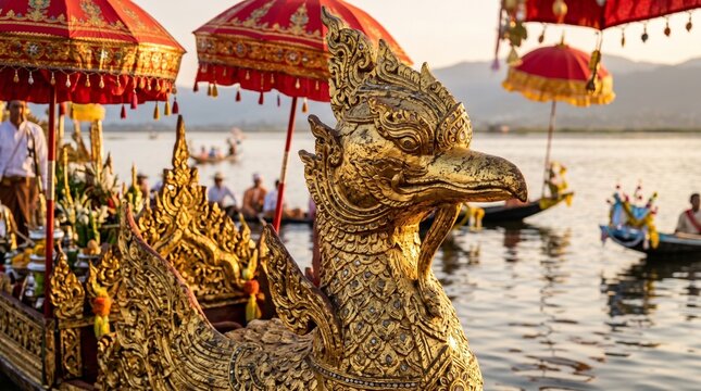 Phaung Daw Oo Pagoda Festival, close-up of the ornate golden Hintha-bird royal barge