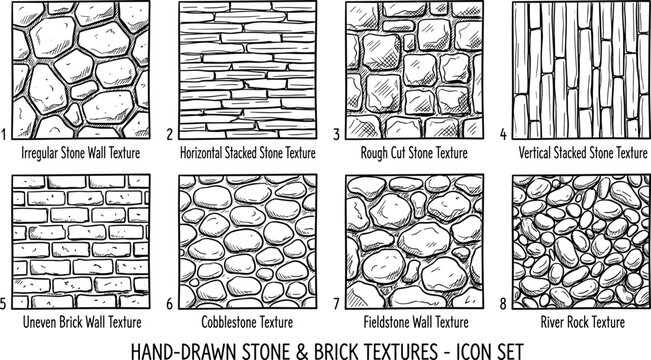 Hand drawn stone and brick wall texture set featuring irregular cobblestone river rock and stacked patterns.