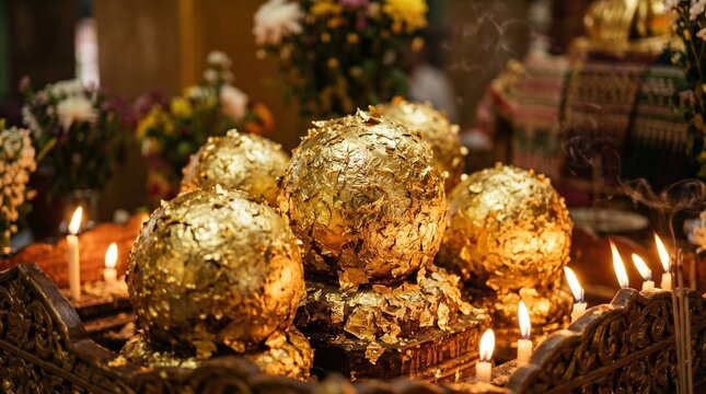 Phaung Daw Oo Pagoda Festival, the five Buddha images covered in thick layers of gold leaf appearing as golden spheres
