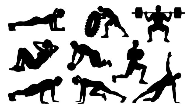 Fitness and Gym Silhouettes Collection with Plank, Tire Flip, Squat, Lunges, Sit Ups and Yoga Pose Vector Illustration