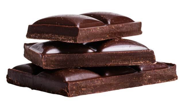 Stack of dark chocolate bar pieces, isolated on transparent background