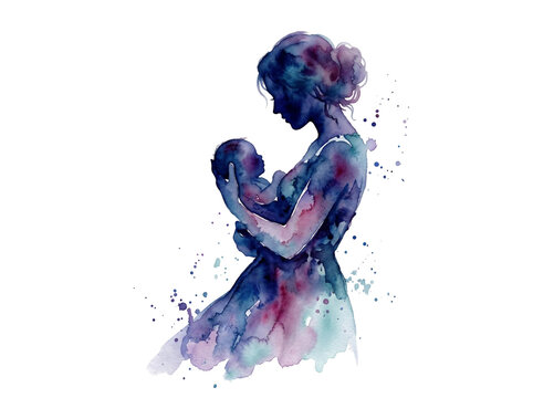 Artistic watercolor painting of a loving mother gently holding her newborn baby in a tender embrace with vibrant blue and purple ink splashes isolated as a graphic element on transparent background