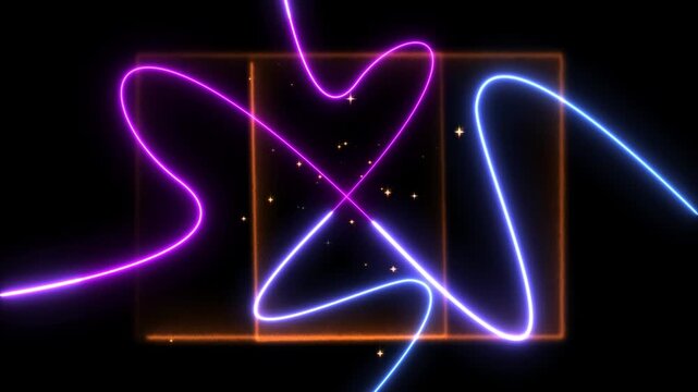 Abstract Neon Rectangular Frame on Black Background with Blue and Purple Wavy Light Lines and Gold Glitter Stars Animation 4K Footage: Premium Seamless Motion Graphics Overlay Loop for Creators
