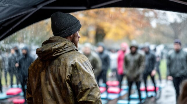 In cold rainy conditions bootcamp trainer in winter gear motivates attendees under a canopy with folded exercise mats and blurred trees beyond.