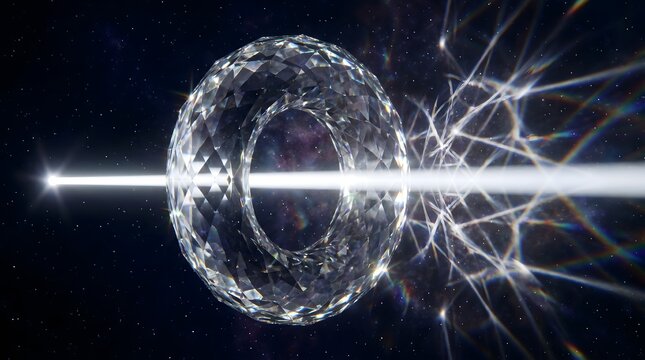 Abstract toroidal diamond crystal refracts brilliant white light beam creating rainbow spectrum and geometric patterns against a starry galaxy nebula background