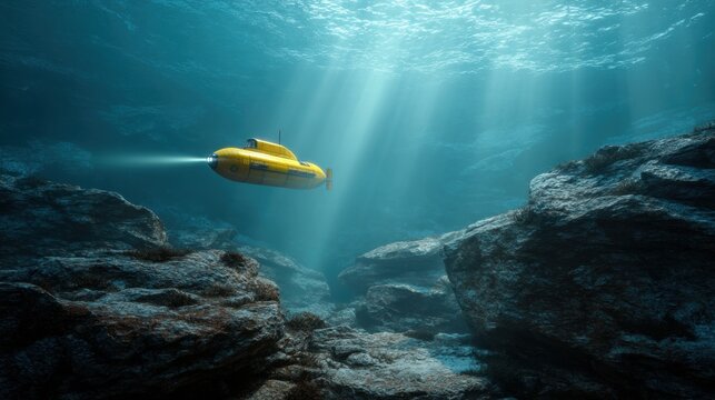 Yellow submarine exploring deep ocean floor. Underwater vehicle with spotlight scanning rocky seabed. Marine expedition, deep sea research, oceanography discovery and sea exploration concept.