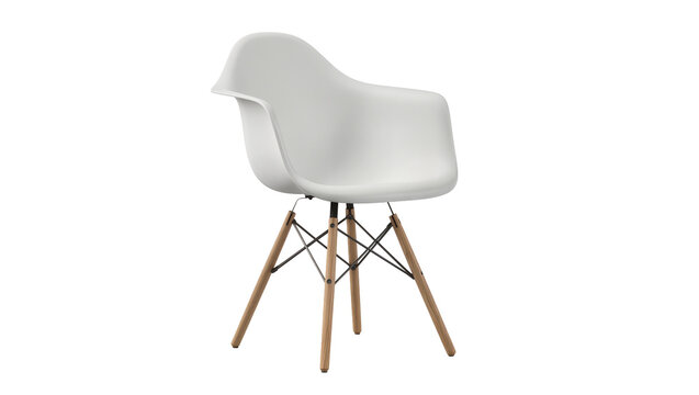 White molded plastic armchair with wooden dowel legs, isolated on transparent background