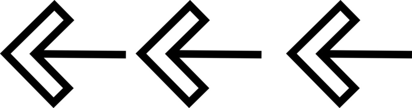 Three left pointing outline chevron arrows in black stroke decreasing size set