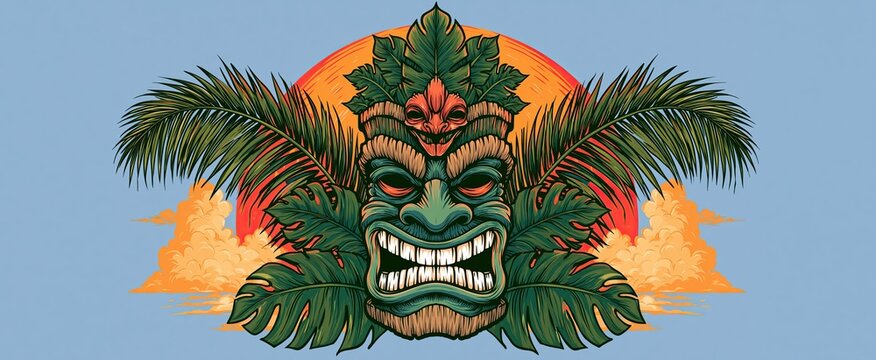 Sunset background highlights a colorful Hawaiian tiki mask surrounded by tropical palm leaves for summer-themed designs.