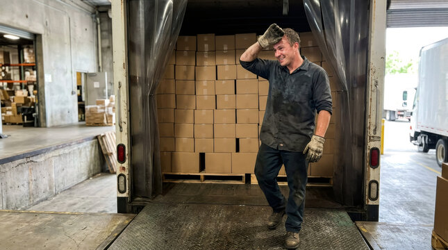Manual worker wiping sweat from forehead after loading delivery truck. Tired warehouse laborer taking break at job. Logistics, shipping and distribution industry daily routine.