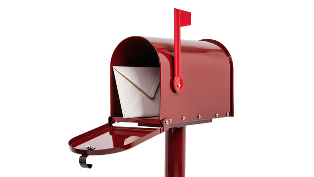 Red metal mailbox with white envelope inside, isolated on transparent background