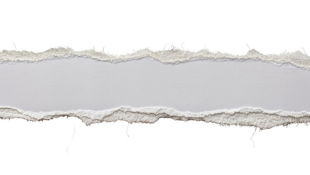 Rough torn white paper strip with frayed edges, isolated on transparent background