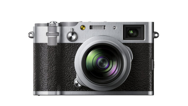 Retro silver and black digital camera with textured grip, isolated on transparent background