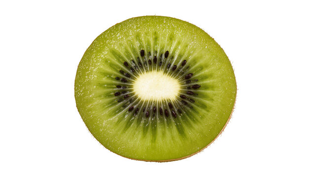 Bright green kiwi slice with dark seeds, isolated on transparent background