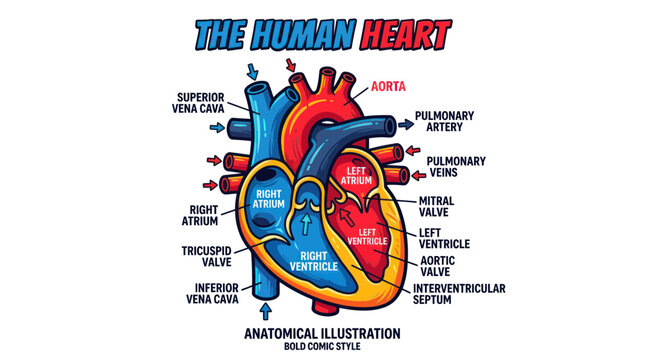 Human Heart Anatomy Illustration - Medical Diagram, Comic Style