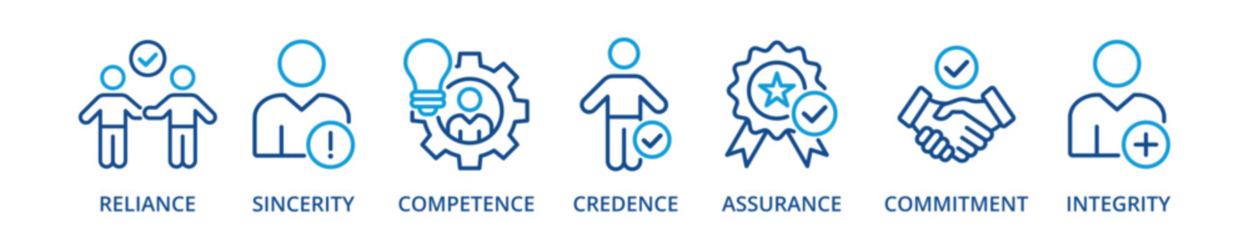 Trust outline color banner icon with reliance, sincerity, competence, credence, assurance, commitment, integrity