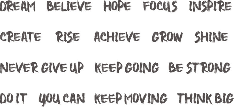 Handwritten motivational quotes vector set with inspirational phrases in sketch typography style. Creative positive word collection features uplifting messages for planners and posters. Modern 