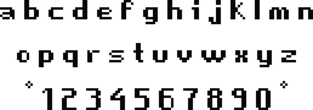 Pixel font alphabet and number set featuring retro 8-bit typography. Blocky lowercase letters and numerals create a classic gaming aesthetic. Perfect for arcade graphics, logos, posters, and digital 