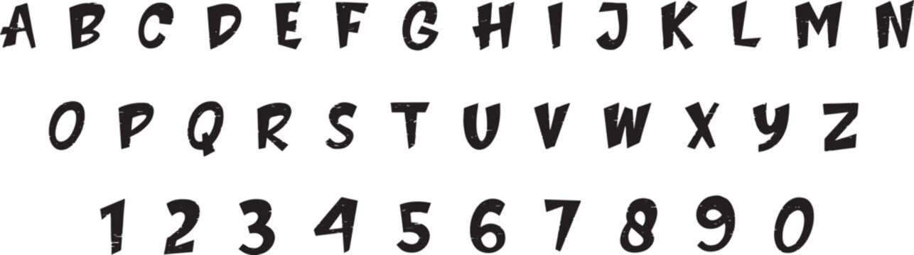 Handwritten alphabet and numbers font set with bold brush lettering style. Creative uppercase characters and numeric symbols offer a playful modern look. Perfect for posters, branding, education, 