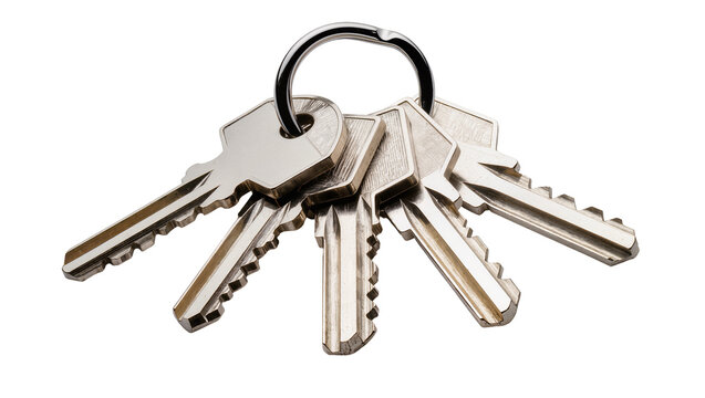 Set of silver metal keys on a ring, isolated on transparent background