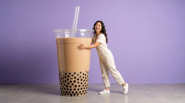 Joyful woman hugging an oversized bubble tea cup with tapioca pearls in a studio setting
